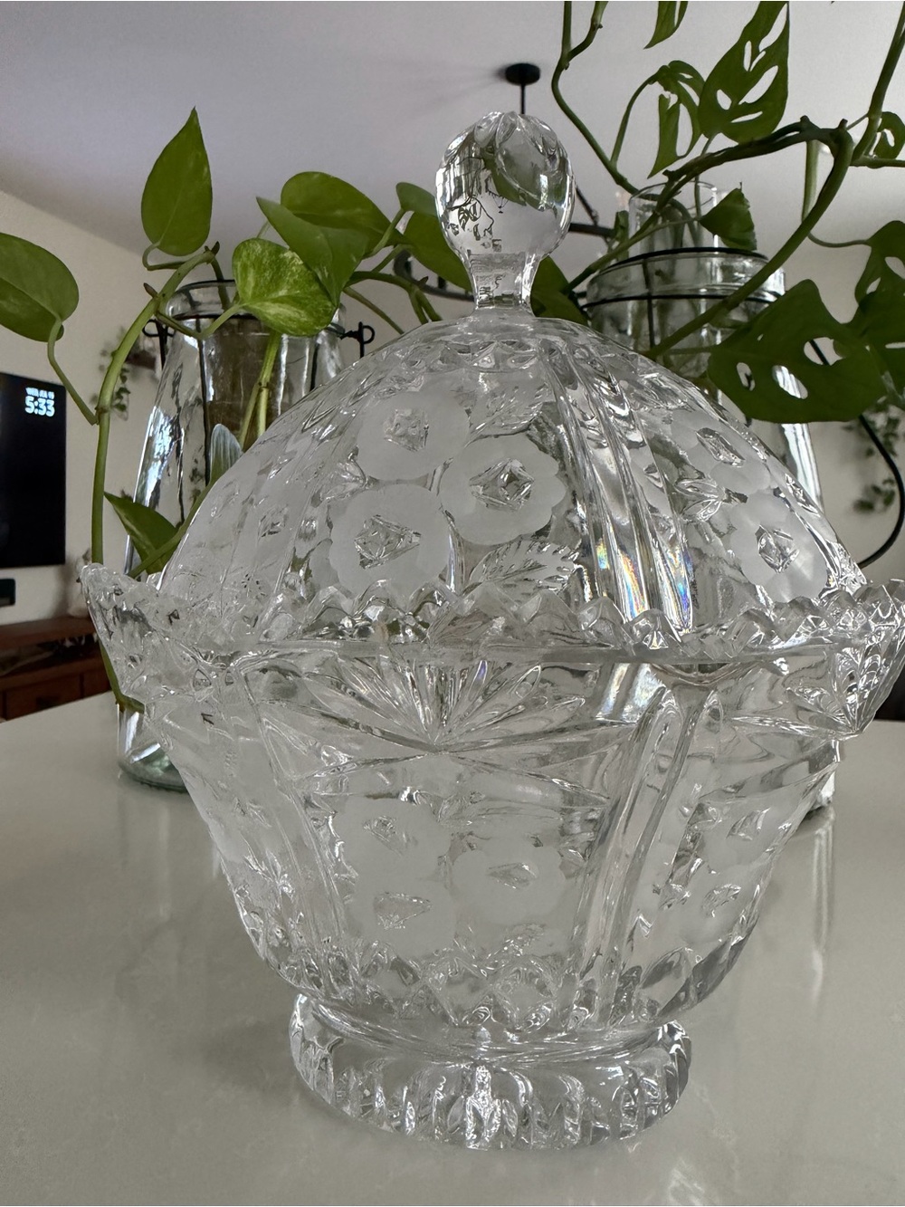 Vintage Crystal Covered Candy Dish Pedestal Compote Etched Floral Glass Bowl 10”